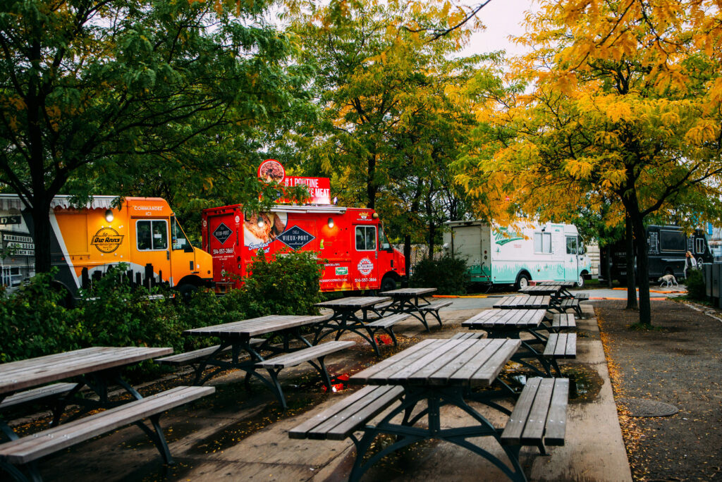 Food trucks parked together for service
